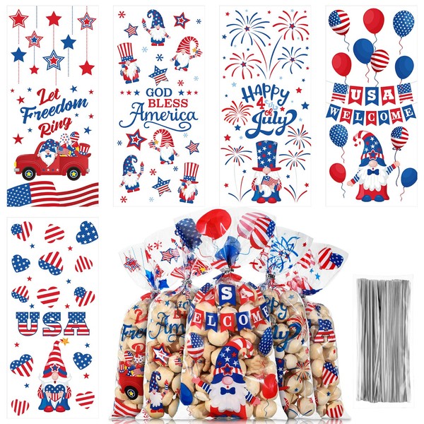 100 Pcs Patriotic Cellophane Treat Bags, 5 Styles 4th of July Cello Favor Bags Patriotic Gnomes Goodie Bags with 100 Silver Twist Ties for American Memorial Day Independence Day Party Supplies