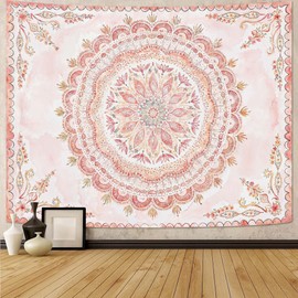 Fowocu Boho Floral Mandala Tapestry Wall Hanging Pink Bohemian Flower Medallion Tapestry Aesthetic Watercolor Hippie Indian Small Tapestries for Bedroom Living Room Dorm Decor 40 x 30 Inch