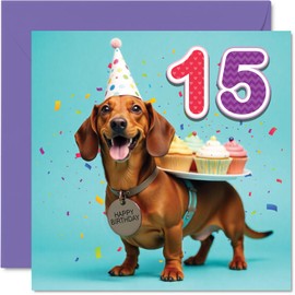 15th Birthday Cards for Boys Girls - Party Dog - Happy Birthday Card for 15 Year Old Boy Girl Son Granddaughter Cousin Nephew, 145mm Bday Greeting Cards