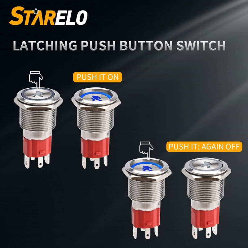 STARELO 10Amp Latching Push Button Switch, SASQUTACH Lights,12V 24VDC Pre-Wired
