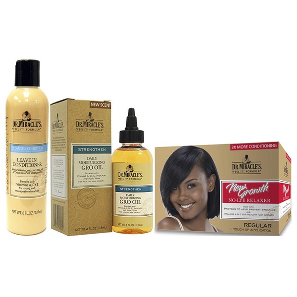 Dr. Miracles New Growth No Lye Relaxer Regular Kit, Daily Moisturizing Gro Oil 4oz & Leave in Conditioner 8oz