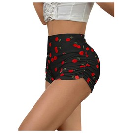 SHENHE Women's Y2k Sexy Booty Shorts High Waisted Ruched Stretch Yoga Lounge Biker Shorts Leggings Black Cherry Print Medium