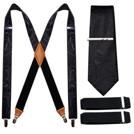 Barry.Wang Black Suspenders for Men Paisley X Type Necktie Armbands Tie Clip Set Formal Gatsby Costume Wedding Party Prom