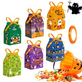 Bolsas de Dulces de Halloween, 24 Cajas Bolsitas para Dulces Halloween con Cintas, 9 Patrones Recuerdos para Fiestas Bolsas de Regalo para Niños, Dulce o Truco Fiesta Suministros de Halloween
