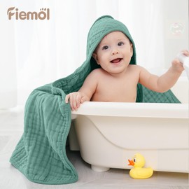 FIEMOL FIEMOL Baby Bath Towels, 100% Muslin Cotton Hooded Baby Towels for Newborn, Infant and Toddler, 2 Pack Soft and Absorbent Unisex Bath Essentials with Large 32x32Inch Size