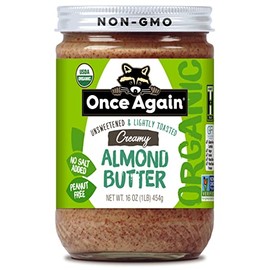Once Again Creamy Organic Almond Butter No Sugar, Lightly Toasted - Single Ingredient Nut Butter, No Palm Oil, No Salt - Glass Jar, Non-GMO, Gluten Free, Vegan, 16 oz Glass Jar