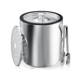 thirei 2L Ice Cube Tray, Stainless Steel Ice Container, with Strainer and Ice Tongs, for Storing Ice and Cooling Drinks