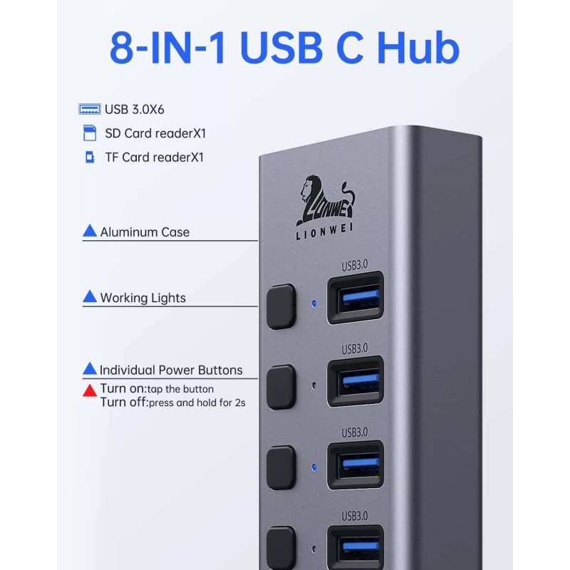 Lionwei Universal 8-Port Powered USB C Hub USB 3.0x6+SD/TF Card