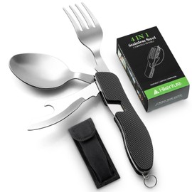 Hikenture 4-In-1 Campingbesteck Messer Gabel Löffel Flaschenöffner Set aus Edelstahl mit Gürteltasche - Klappbesteck Besteckset 1 Person für Camping und Outdoor (Schwarz)