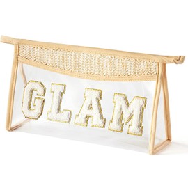 TOSOUATOP Makeup Bag with Chenille Letter, 1.1L Capacity Clear Makeup Letter Bag, Beach Bag, 【Easy to Carry】, 【Handmade Woven】,【Waterproof Material】, Travel Makeup Bag for Women/Girls, (Beige-GLAM)