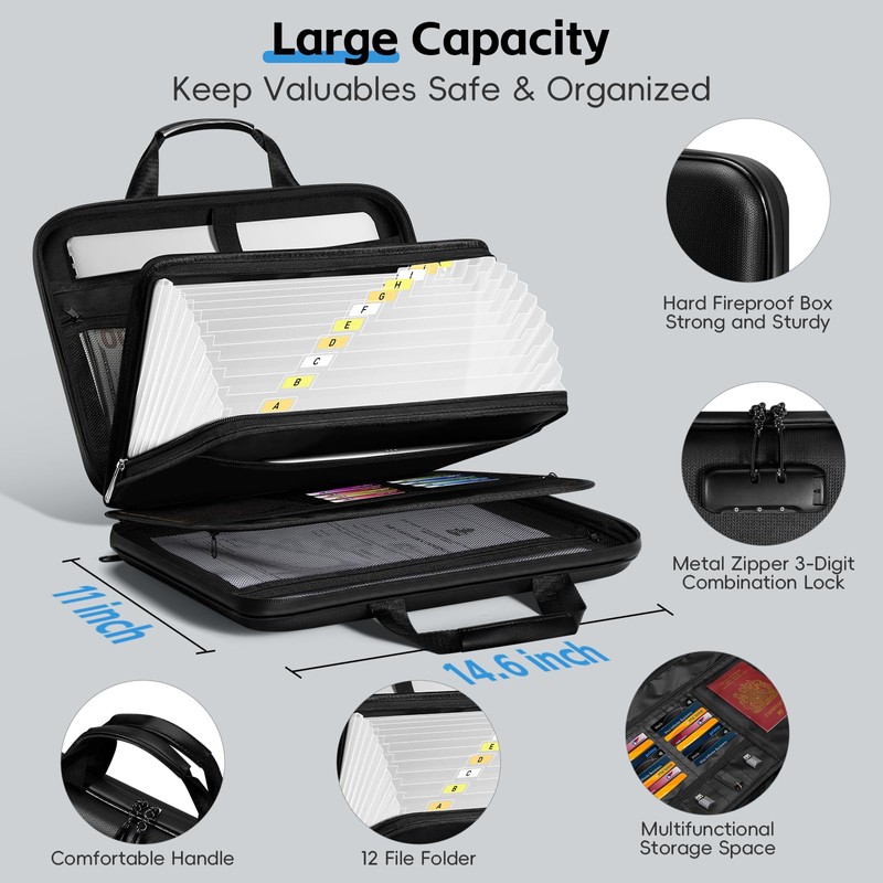 Fireproof Document Organizer Box with Lock & File Folder, Portable