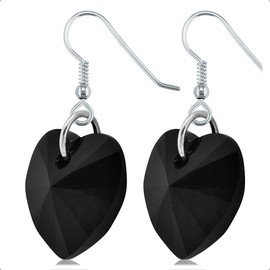 Lua Joia Sterling Silver Heart Earrings With Jet Black Crystal Drop Hook Dangle Gothic Jewellery for Women Gift for Girls, Mum, Wife, Birthday, Anniversary & Valentine’s
