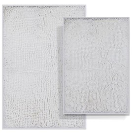 RUN HELIX Chenille Bathroom Rugs Non-Slip Bath Mat, Fluffy Shag Bath Rug, Washable Soft Shower Mat, Durable Thick Bathroom Sets, Water Absorbent Microfiber Shower Rugs, Bathroom Mats Set, White