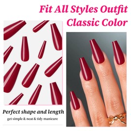Lifextol 120PC Wine Red Coffin Press on Nails Long Fake Nails Press ons with Glue Nail Adhesive Tabs, 12 Sizes Long Acrylic Nails Press on Nails Coffin Red Stick Nails Tips Artificial Fingernails