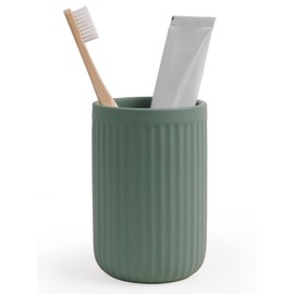 INGOFIN Ceramic Toothbrush Holder, 12 oz Toothpaste Holder Bathroom Cup, Tooth Brush Holder for Vanity Countertop, Organizer Storage for Cosmetic, Makeup, Office Pencils, Matte Green