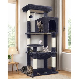 Globlazer Cat Tree Tower with Scratching Post for Indoor Cats, 53inch Tall Plush Multi-Level Cat Climbing Tower Condo House with Large Hammock, Spacious Cat Condo, Big Padded Top Perch, F53, Dark Gray