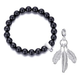 Philip Jones Black Onyx Gemstone Bracelet with Feathers Charm