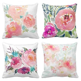 Emvency Set of 4 Throw Pillow Covers Peonies Summer Watercolor Floral Pink Flower Girly Pastel Mint Colorful Decorative Pillow Cases Home Decor Square 16x16 Inches Pillowcases