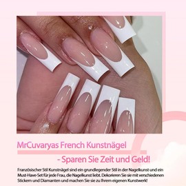 MrCuvaryas Pack of 240 French Press On Nails, Short Almond, Full Cover Nail Tips, Short for Gel Nails, Fingernails, Fake Nails with Glue, Acrylic Nail Tips, Nails for Sticking (White French, Pack of