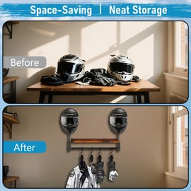 CLBDRESS Helmet Rack Wall Mount, Durable Motorcycle Helmet Holder, Vintage Helmet Stand Display, Multi-Function Motorcycle Helmet Rack with 4 Glove Clips, Helmet Hanger for Motorcycle Accessories
