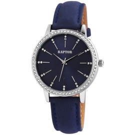 Raptor Brilliance RA10176 Women's Watch Genuine Leather Bracelet Rhinestone Glitter Elegant Analogue Quartz, blue, Strap.