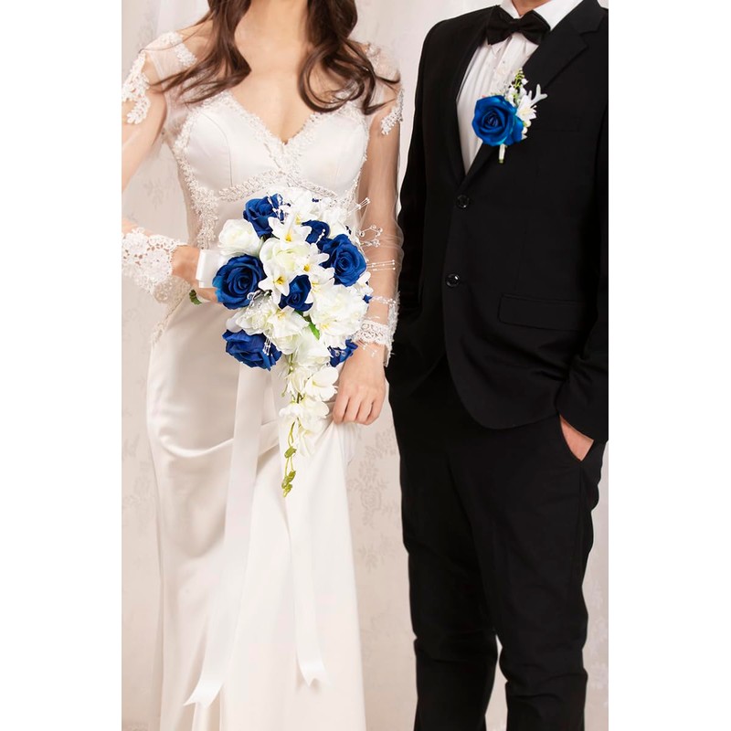 Floinla Bridal Bouquet Cascading, Royal Blue & Ivory Wedding Bouquets