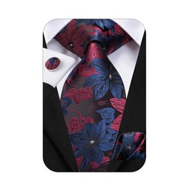 Hi-Tie 63''Navy Burgundy Men's Ties Set Silk Floral Ties for Men Dress Necktie and Pocket Square Cufflinks for Wedding