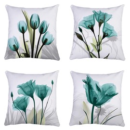 QUALKNOY Set of 4 Cushion Covers 18"x18" Teal Green Flower Linen Modern Art Decorative Throw Pillow cases 45 x 45cm for Living Room Sofa Outdoor Pillowcases