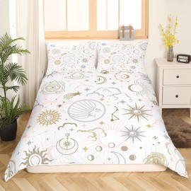 Sun Moon Duvet Cover Set Full Size,Starry Cloud Bedding Set 3pcs for Kids Teens Girls Women Bedroom Decor Fantasy Galaxy Universe Comforter Cover Soft White Golden Pink Quilt Cover,2 Pillowcases