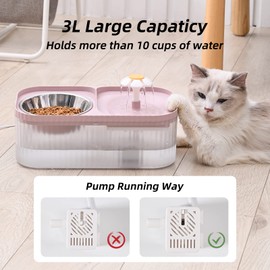 JEERAMIA Cat Water Fountain and Food Bowl, 3L/101oz Ultra Quiet Pet Water Dispenser with Smart Pump and 3 Replacement Filters, Automatic Flower Fountain & Stainless Steel Bowl for Dog & Cat (Pink)
