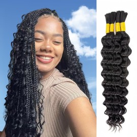 Extensiones de cabello humano trenzado para trenzas bohemias, 18 pulgadas, 100 g, ondas profundas y rizadas, color negro natural, sin trama.