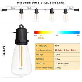 LED Outdoor String Lights 50FT Patio Lights with 27 Shatterproof ST38 Vintage Edison Bulbs(2 Spare), Outside Hanging Lights Waterproof for Porch, Deck, Garden, Backyard, Balcony, 2700K Dimmable