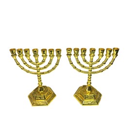 3 Arches USA 12 Tribes of Israel Menorah Gold Plated-Jerusalem 7 Branch Temple Menorah 5" Inches Tall,Set of 2