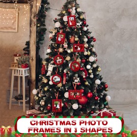 Jetec 30 Pcs Christmas Photo Frame Ornaments with Rope Mini Felt Hanging Picture Frame Round Square Rectangle Photo Frame Xmas Tree Decoration for Holiday Party Decor (Plaid)