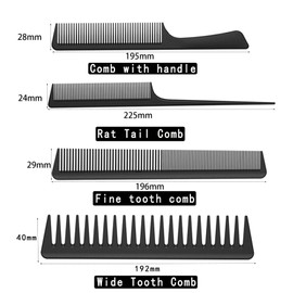 Jaimela Set of 4 Hair Comb Set, Wide Tooth Comb, Normal Tooth Comb and Double Toothed Comb, Antistatic Carbon Comb, Barber Hair Styling Salon Men & Women