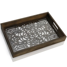 Pumtus Wooden Decorative Serving Tray, Ottoman Trays with Handles, 15x10'' Large Coffee Table Platter, Rectangle Food Tray, Farmhouse Centerpiece Tray for Kitchen Counter, Living Room, Home Decor