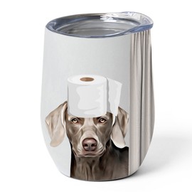 Funny Silver Gray Weimaraner Tumbler 12oz - Stainless Steel Insulated Travel Mug with Lid - Adorable Pet with Toilet Paper Design Gift Idea for Dog Owner & Puppy Lover
