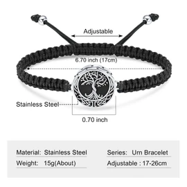 Minicremation Cremation Jewelry Tree of Life Urn Bracelet for Ashes Adjustable Braided Rope Bracelet for Ashes Keepsake Memorial Bracelet for Women Men