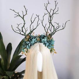 MOSTORY Blue Flower Branch Headband - Woodland Antler Headpiece for Renaissance Fairy Accessories Women, Forest Branch Hairband for Tree Costume Fairycore Coslay Renfaire Fairytale