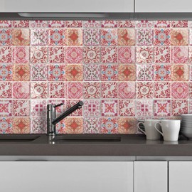 WALPLUS 3D Tile Stickers Peel and Stick Backsplash Splashback Decals Tile Transfer for Kitchen Bathroom Living Room Stick on Tile Waterproof Moroccan Rose Red Mosaic 16 Sheets 15.4cm(6")
