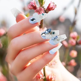 XODITO Fake Nails Set Blue Long Square Bling Glossy 3D Flower Rhinestone False Nail Tips, Press On Nails, Artificial Art Nails Finger Manicure for Women and Girls(CDJ0001-S)