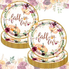 HAKOTI Fall in Love Party Decorations 48Pcs Fall Paper Plates Pumpkin Floral Theme Disposable Dessert Paper Plates Set for Fall Bridal Shower Wedding Anniversary Party（7Inch）