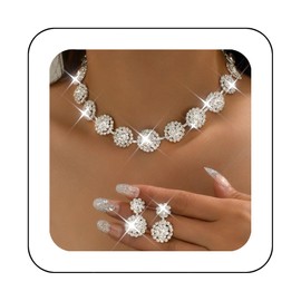 Nicute Rhinestone Wedding Jewelry Set Silver Bridal Necklace Earrings Sets Formal Costume Jewelry for Women (Silver)