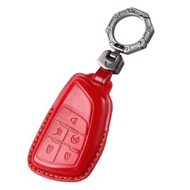 OFF WE GO for Chevy Key Fob Cover, Leather Key Case Keychain Fits for 2021-2024 Chevy Suburban Tahoe Silverado 1500 GMC Yukon Sierra Buick Envision 5 Buttons Remote Key Protection Holder (Red)