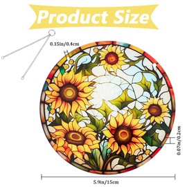 CREATCABIN Sunflower Stained Suncatcher Windows Hanging Flower Ornament Round Panel Sun Catcher Sets with Iron Chain and Jump Rings Spring Room Display Gift for Family Friends Birthday 5.9x5.9 Inch
