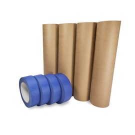 IDL Packaging Masking Paper and Tape Set - 12" x 60 Yards Brown Masking Paper (4 Rolls) and 1.41" x 60 Yards Blue Painter’s Tape (4 Rolls) - Masking Kit for Painting and Home Improvements