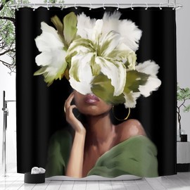 MESHELLY Black Girl Shower Curtain 72Wx72H Green Floral African American Bathroom Curtain Vintage White Flower Black Woman Afro Lady Bath Curtain Cloth Fabric Bathroom Accessories Decor with 12 Hooks