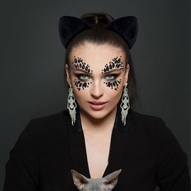 2 x Cat Ears Headband, Cat Ears Headband, Cat Headband Carnival + Glitter Stones Face, Carnival Party Accessories, Cat Costume for Carnival, Carnival Party Headpiece for Women, Girls (Style 1)