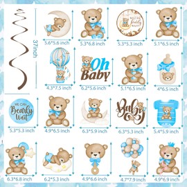 Bear Hanging Swirls Blue Bear Baby Shower Party Decorations 20Pcs We Can Bearly Wait Hanging Decorations Teddy Bear Party Ceiling Streamers for Baby Boy Bear Theme Gender Reveal Party Supplies