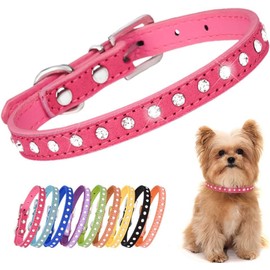 Pimaodog Rhinestone Dog Collar Suede Leather Crystal Diamond Colorful Bling Girl Puppy Cat Collars XS Small Pets (M, Hot Pink)